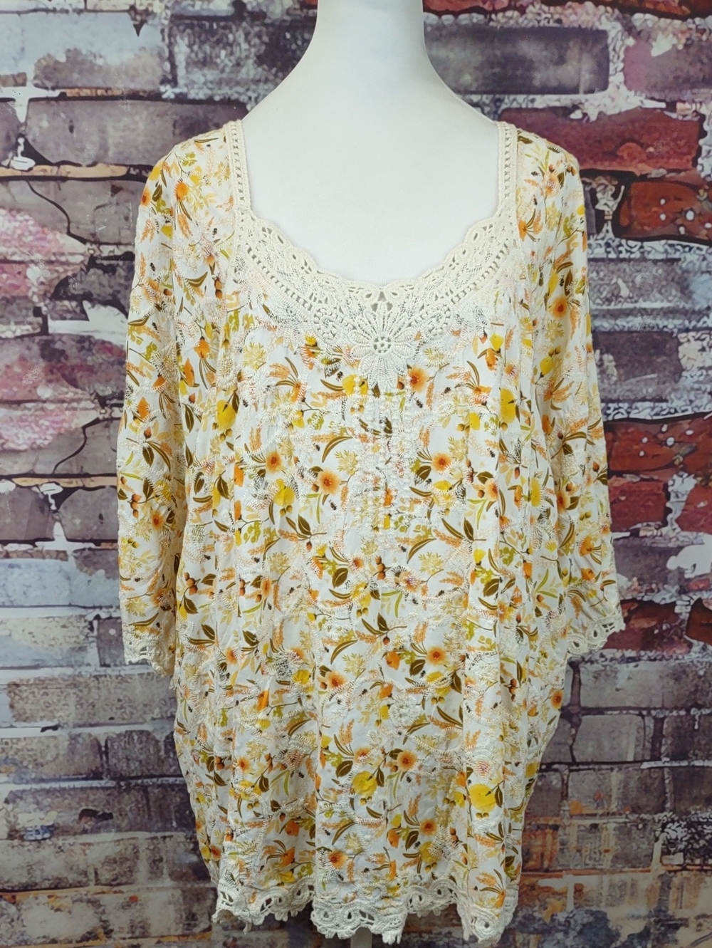 Solitaire Cream Floral Crochet-Trim Tunic with Yellow & Tan Blooms
